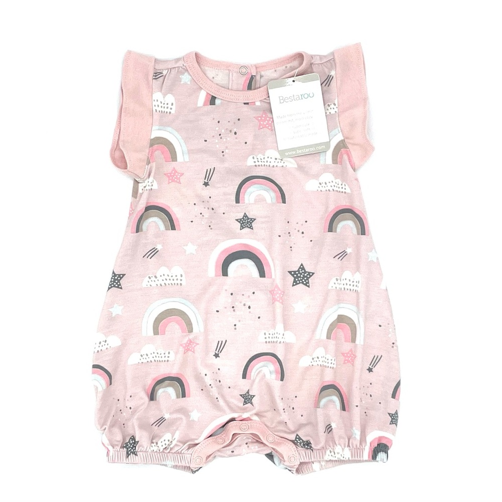 NEW WITH DEFECTS Bestaroo Rainbows & Stars Flutter Sleeve Romper in Pink 6-12M